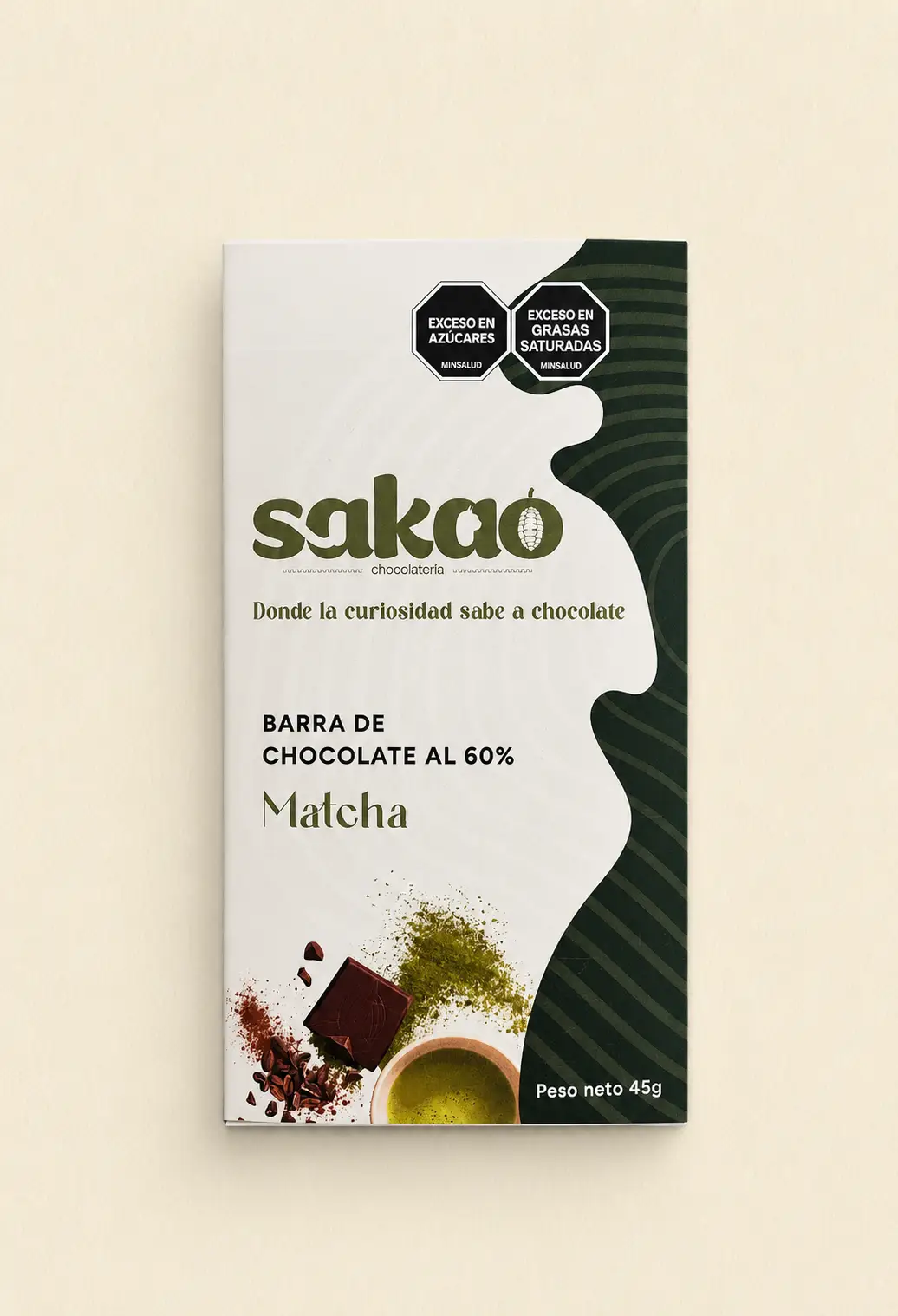Barra de chocolate 60% cacao sabor matcha y vainilla Sakao Bogotá 45g
