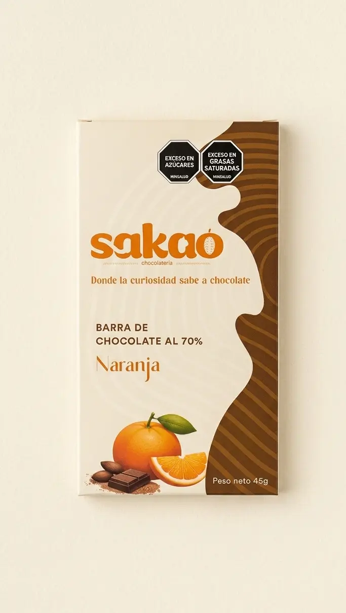 Barra de chocolate 70% cacao sabor naranja Sakao Colombia 45g