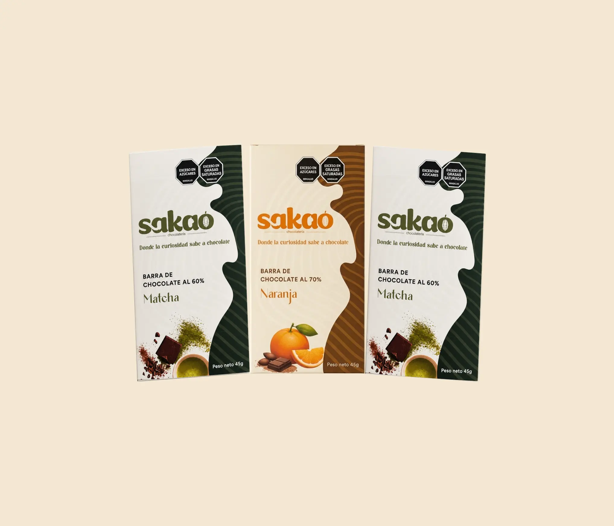 Pack 3 barras de chocolate artesanal Sakao — 2 matcha vainilla y 1 naranja — chocolatería Bogotá Colombia