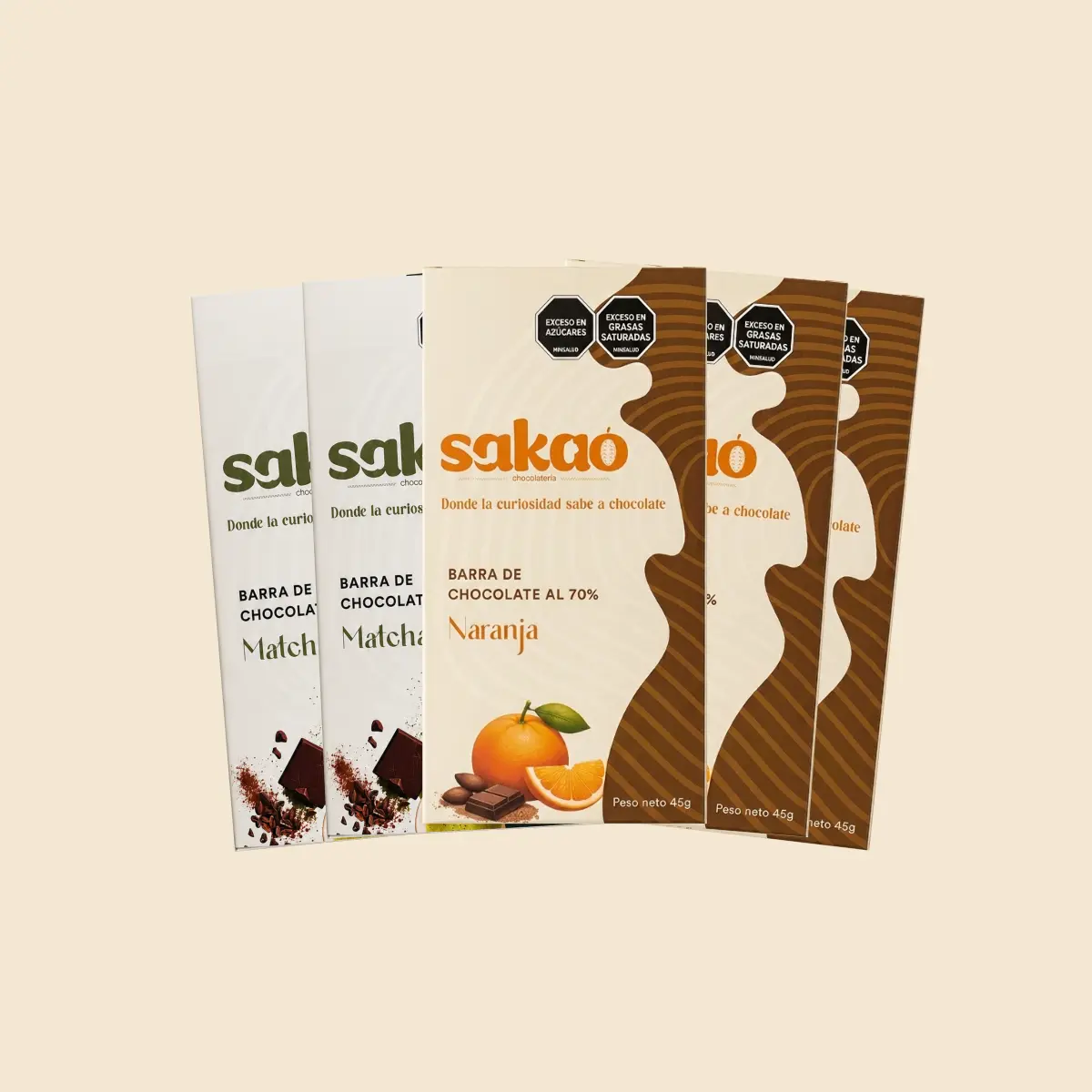 Pack 5 barras de chocolate Sakao — 3 naranja y 2 matcha vainilla — regalo gourmet Colombia